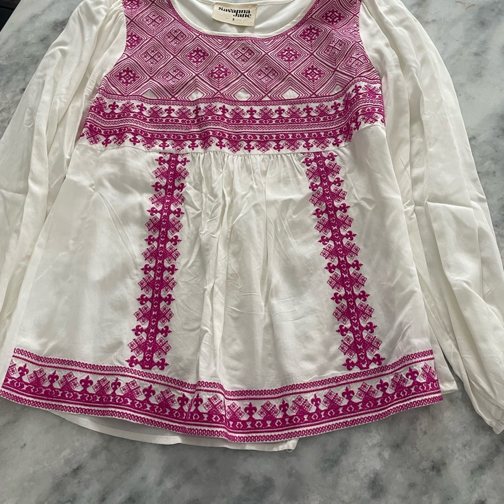 Savanna Jane White Blouse with Pink Embroidery